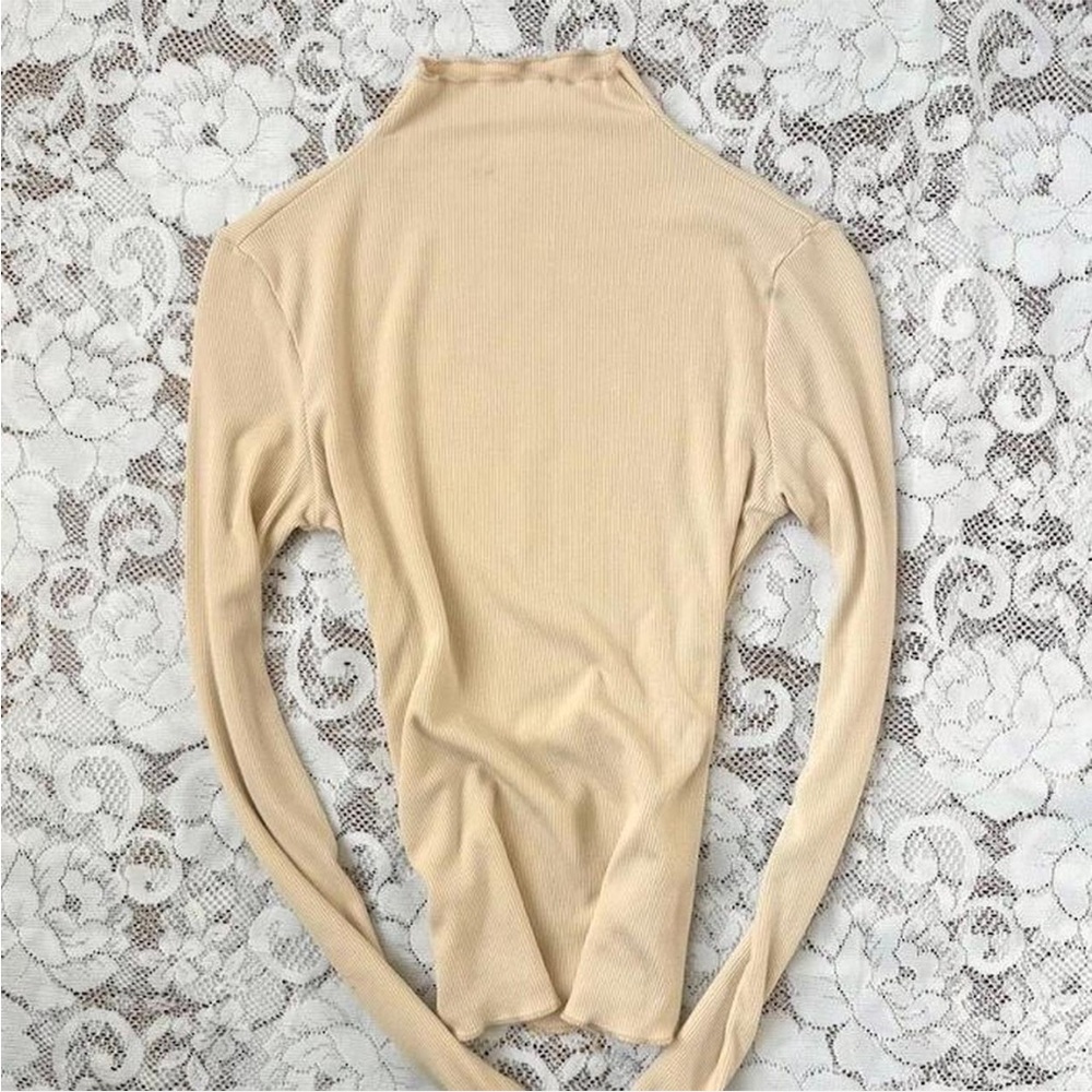 Preppy Cream Ribbed Turtleneck Mockneck Long Sleeve Top